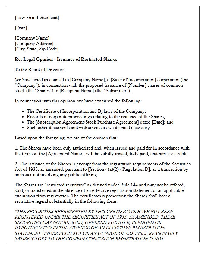 Restricted Share Issuance Opinion Letter
