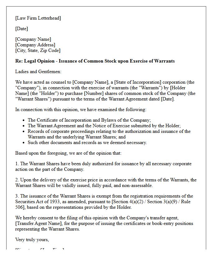 Warrant Exercise Share Issuance Opinion Letter
