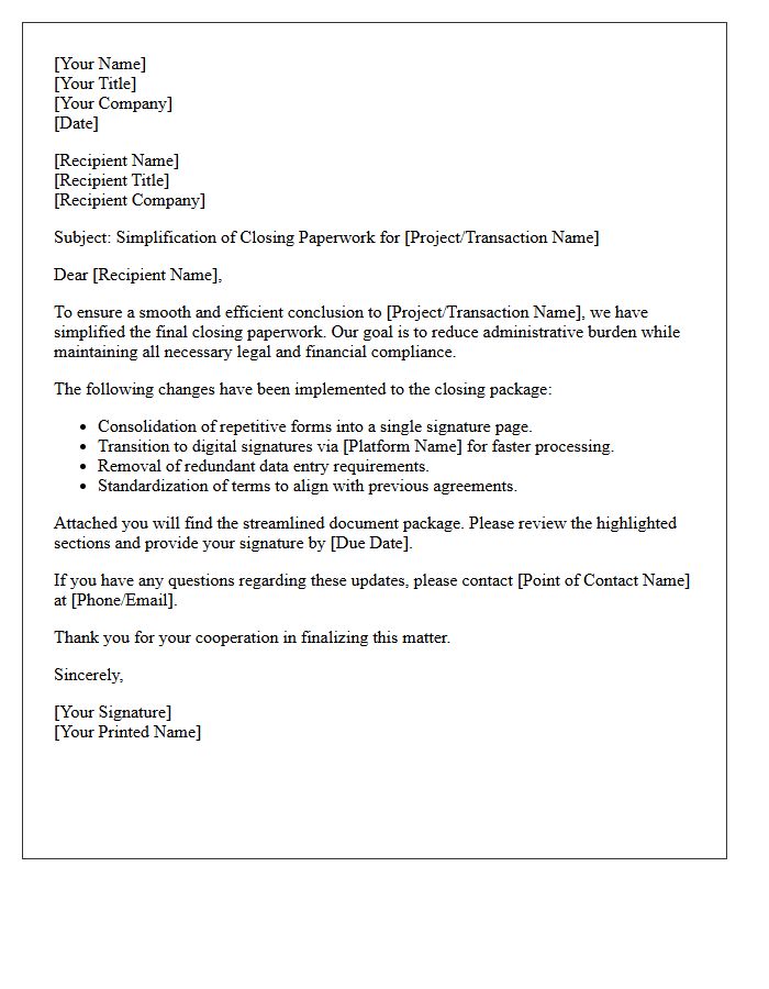 Closing Paperwork Simplification Letter