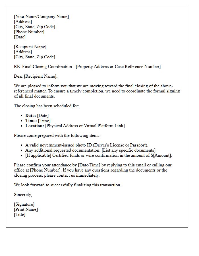Final Closing Signature Coordination Letter