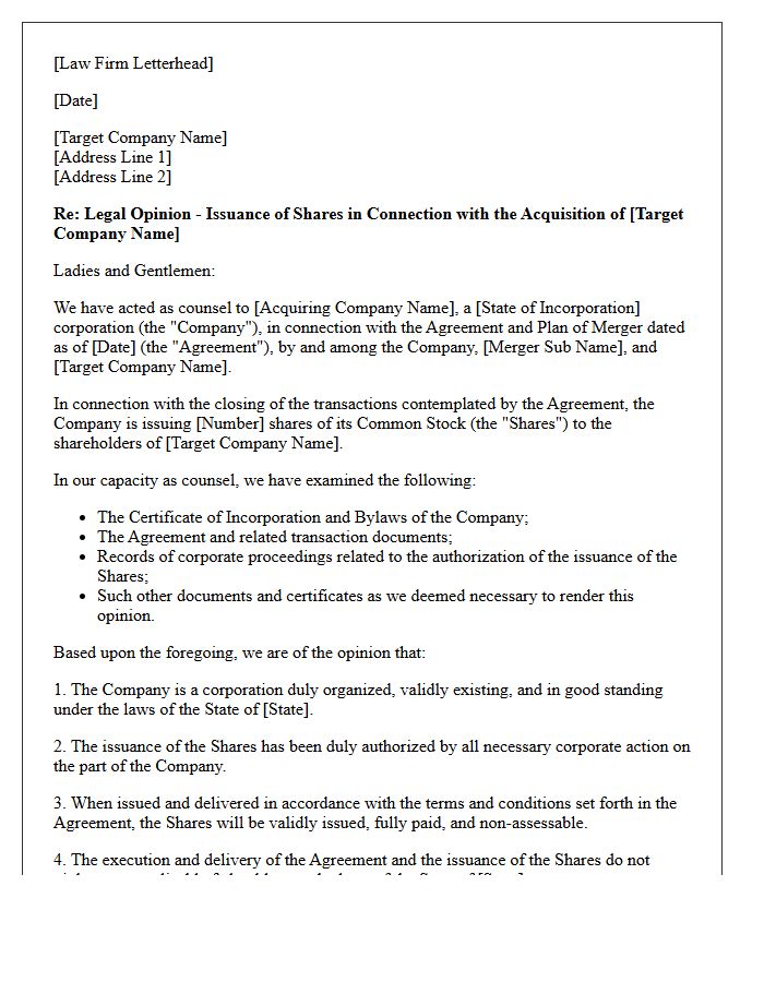 Merger and Acquisition Share Issuance Opinion Letter