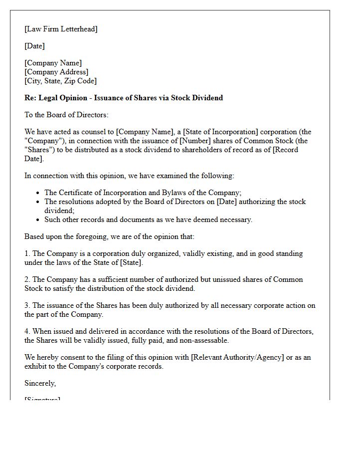 Stock Dividend Share Issuance Opinion Letter