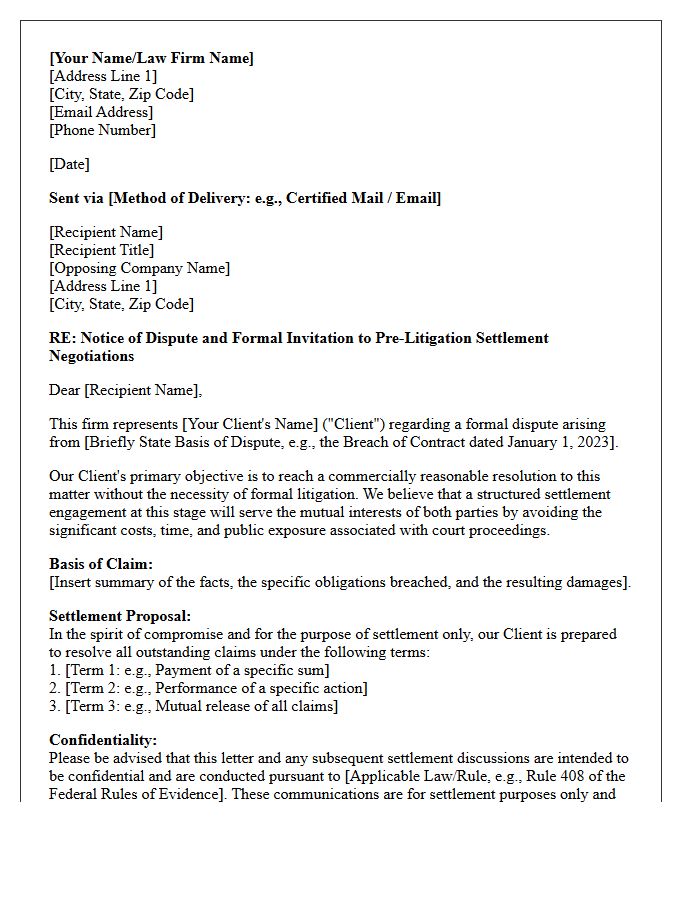 Corporate Dispute Pre-Litigation Settlement Engagement Letter
