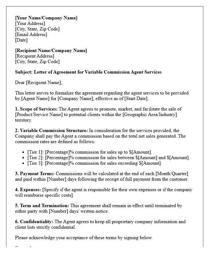 Variable Commission Agent Services Letter