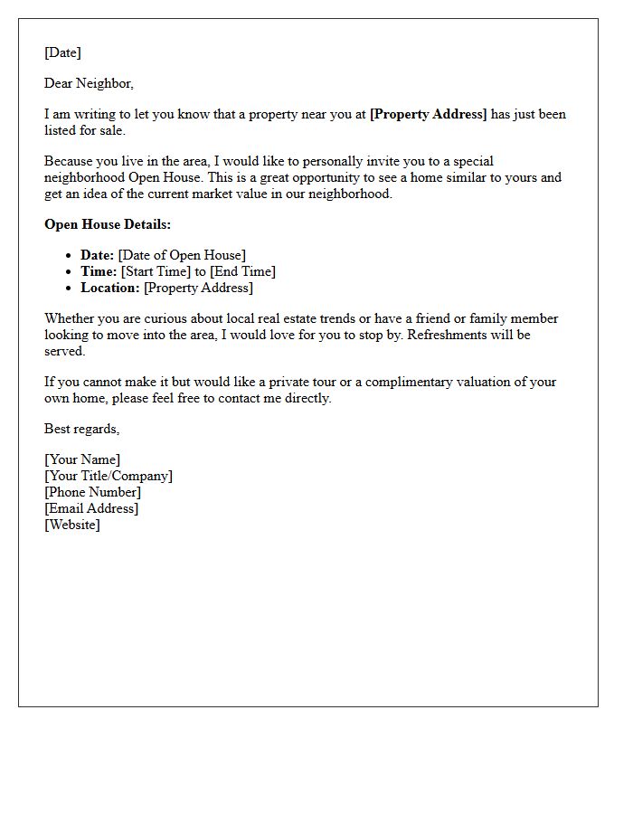 Just Listed Nearby Similar Property Open House Invitation Letter