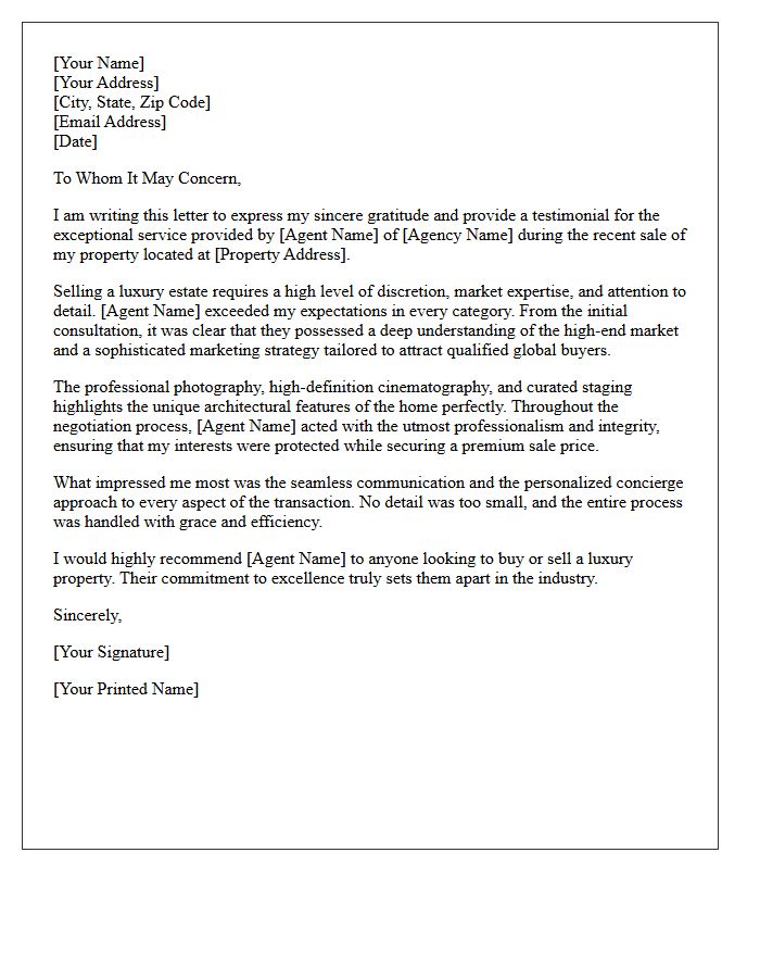 Client Testimonial Letter for Luxury Property Sale