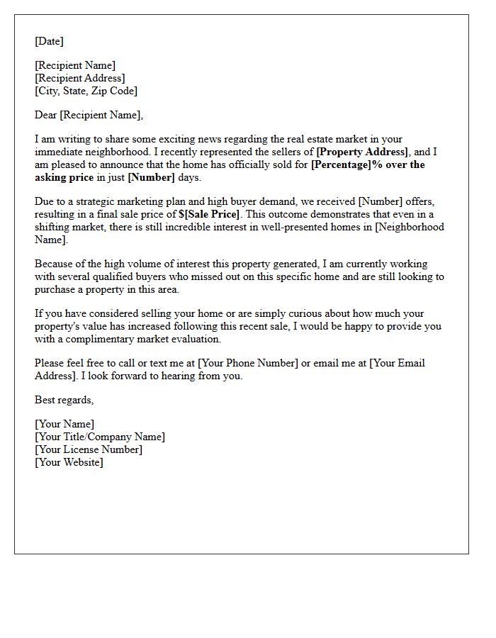 Recent Success Story Letter for Over-Asking Price Sale