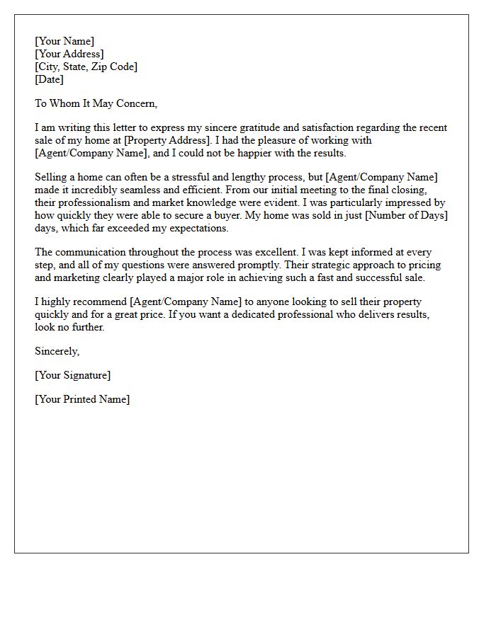Seller Testimonial Letter for Quick Home Sale