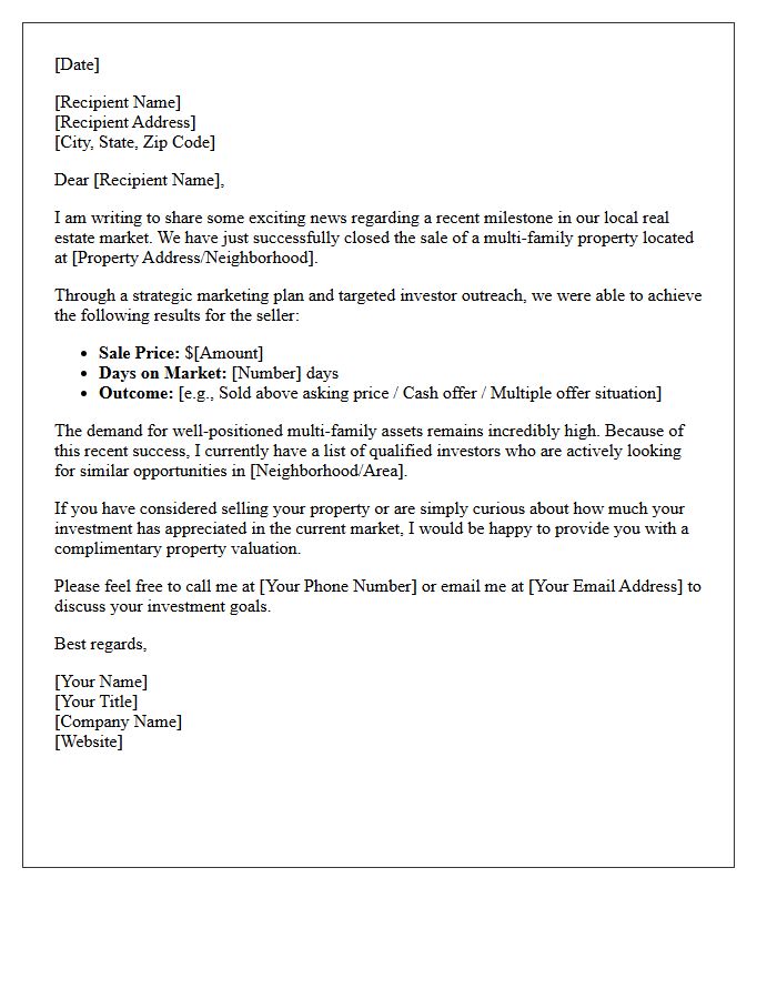 Recent Success Story Letter for Multi-Family Property Investment