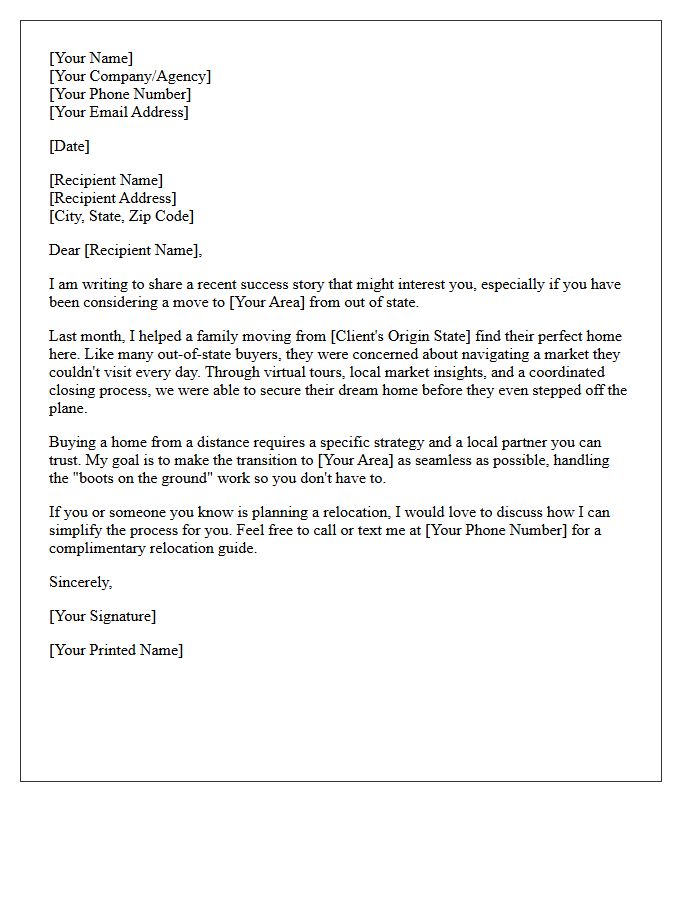 Recent Success Story Letter for Out-Of-State Home Buyers