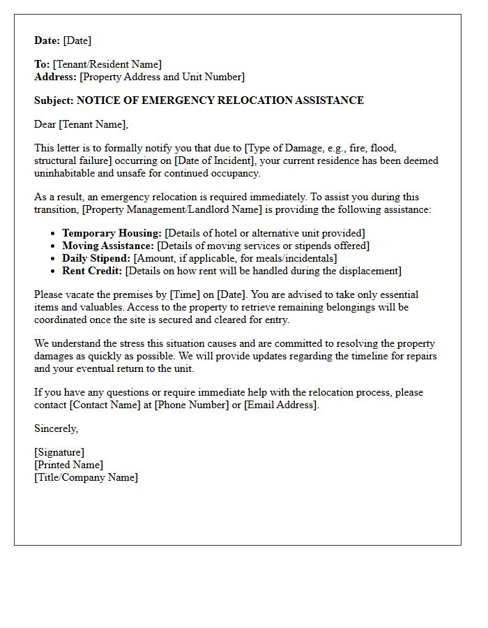 Emergency Property Damage Relocation Assistance Letter