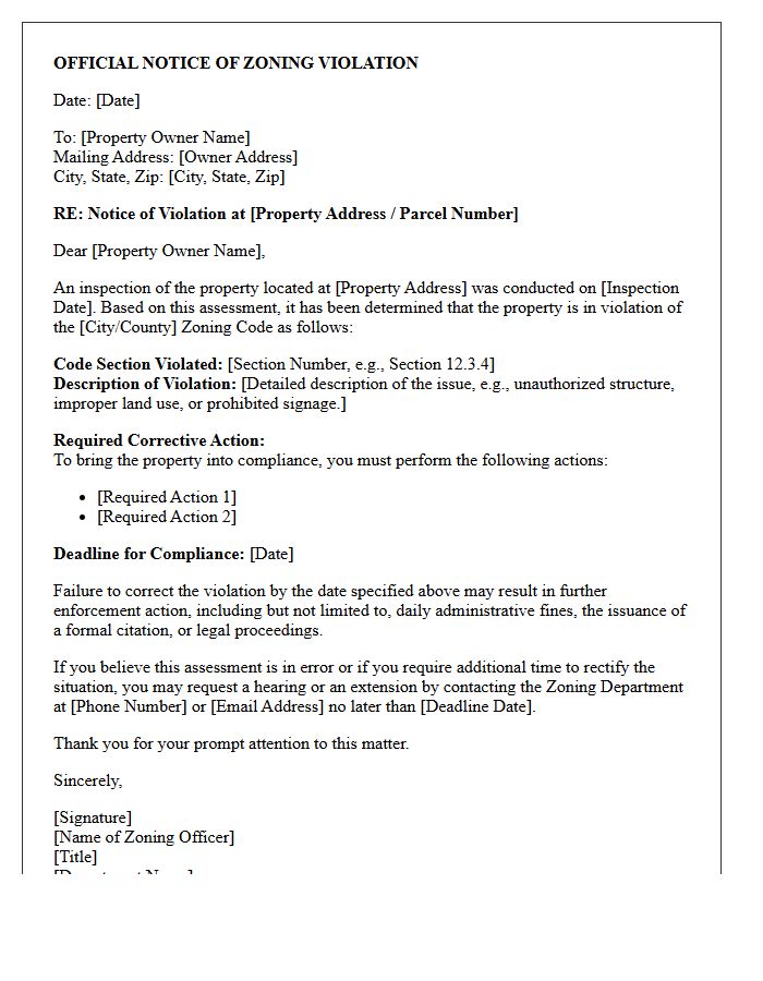 Zoning Code Violation Assessment Letter