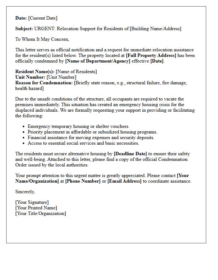 Condemned Building Immediate Relocation Support Letter