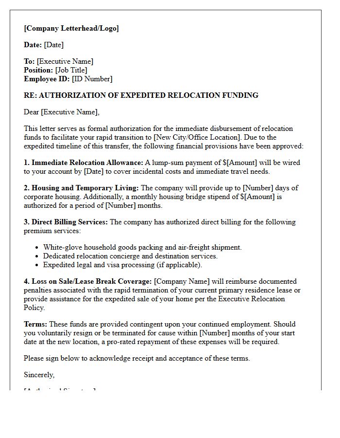 Corporate Executive Rapid Relocation Funding Letter