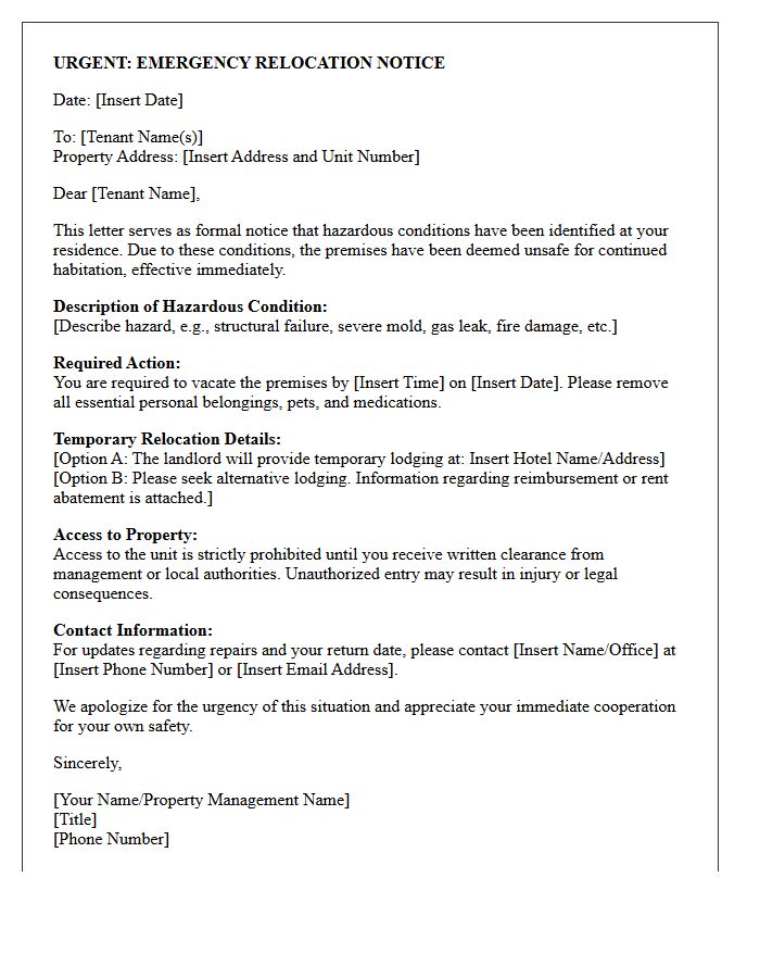 Hazardous Conditions Emergency Relocation Notice Letter