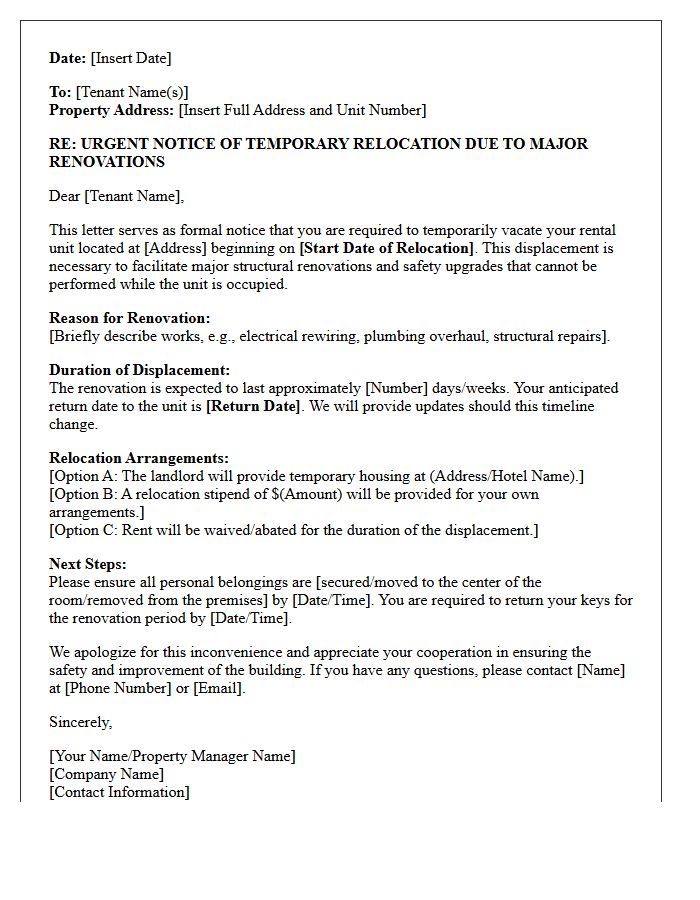 Major Renovation Urgent Displacement Relocation Letter