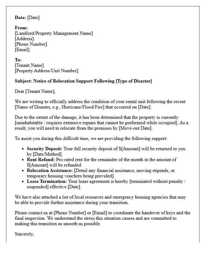 Natural Disaster Tenant Relocation Support Letter