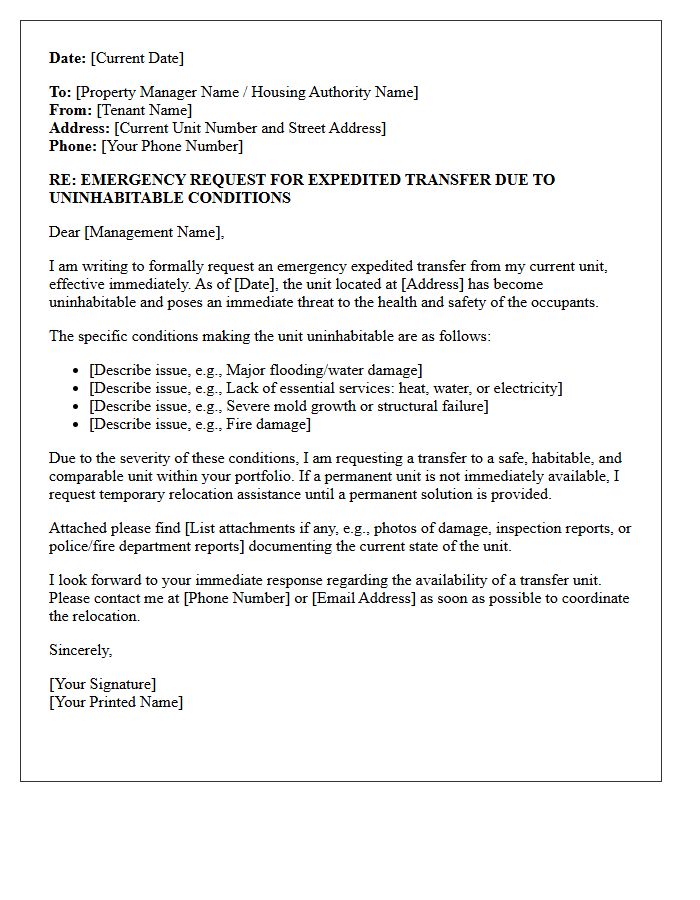 Uninhabitable Unit Expedited Transfer Relocation Letter