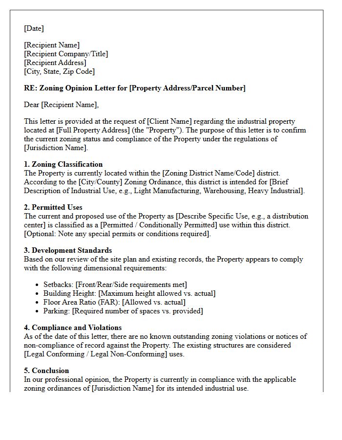 Industrial Property Zoning Opinion Letter