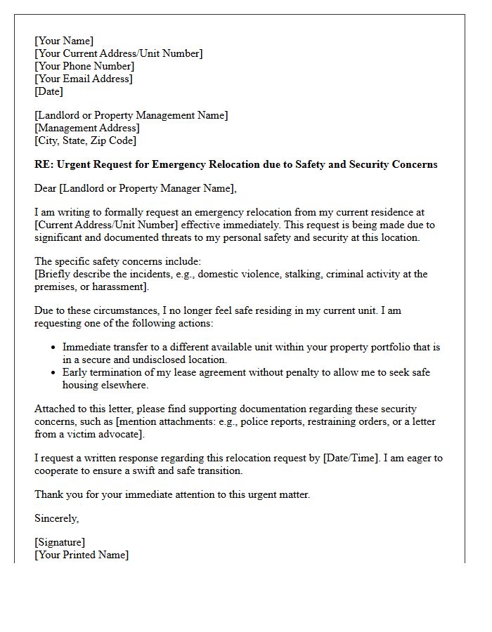 Safety And Security Emergency Relocation Request Letter