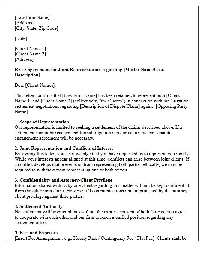 Joint Representation Pre-Litigation Settlement Engagement Letter