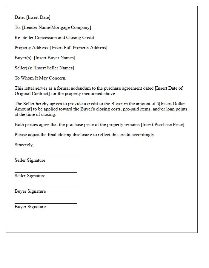 Seller Concession And Closing Credit Letter