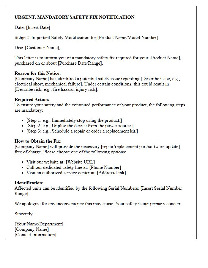 Mandatory Safety Fix Notification Letter