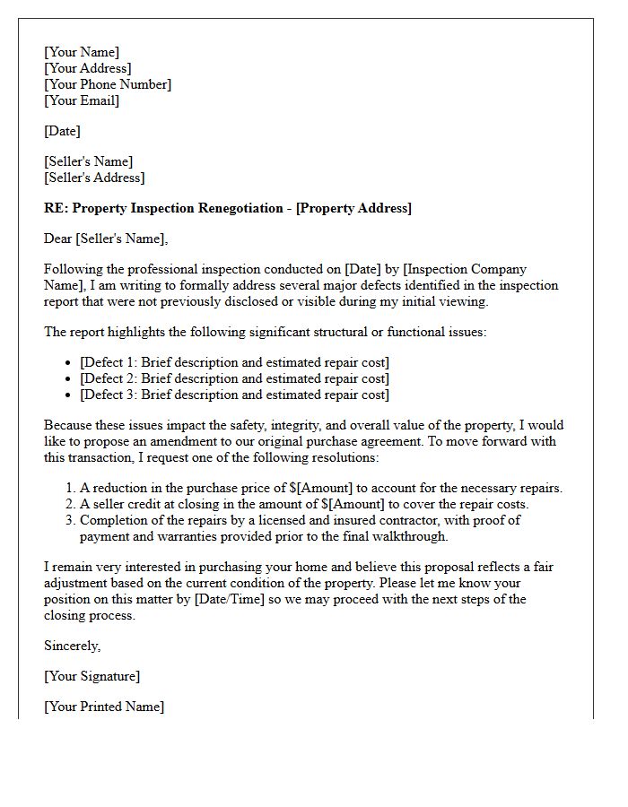 Major Defect Renegotiation Proposal Letter