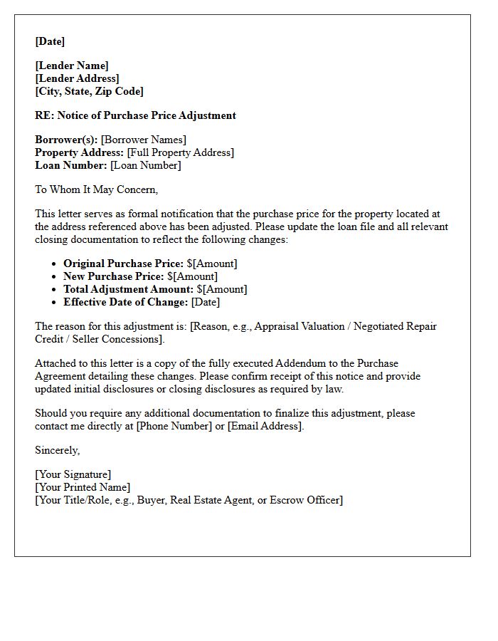 Lender Purchase Price Adjustment Letter