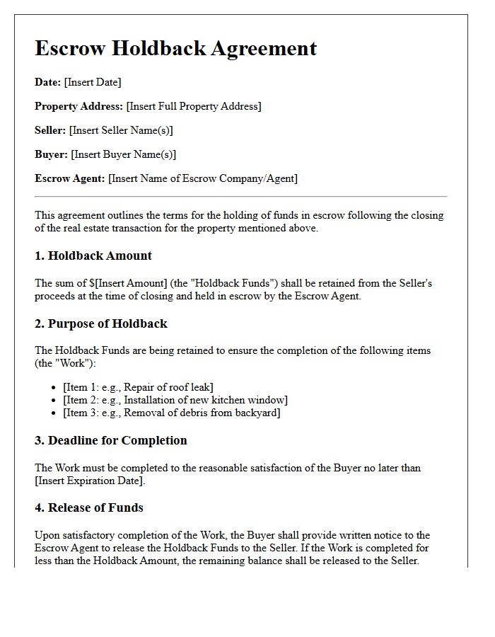 Escrow Holdback Agreement Letter