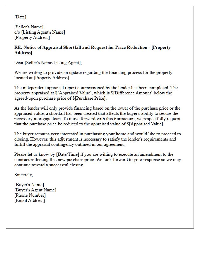 Seller Price Reduction Request Letter Due to Appraisal Shortfall