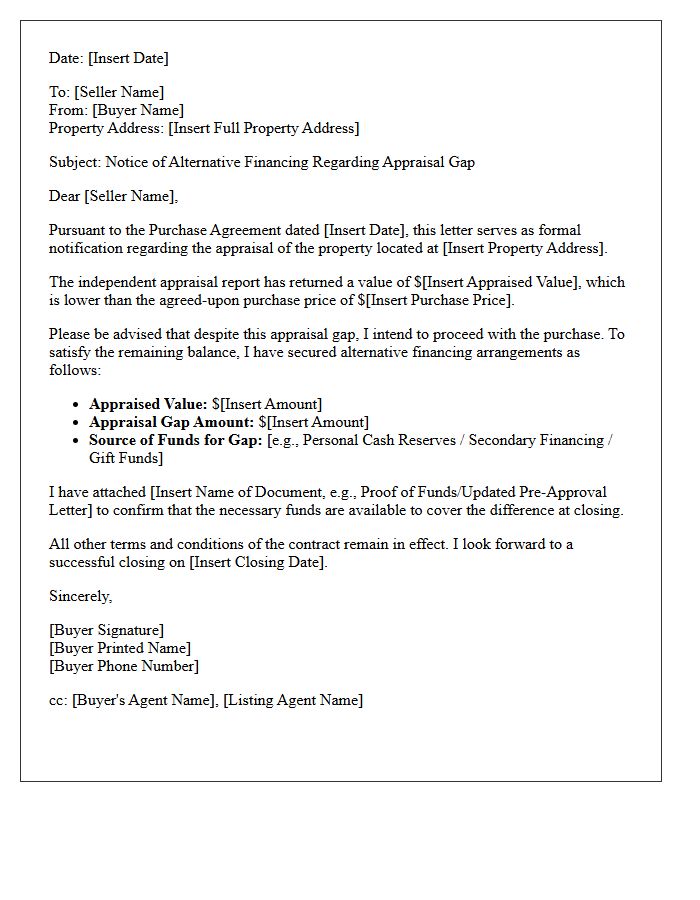Alternative Financing Notification Letter for Appraisal Gap
