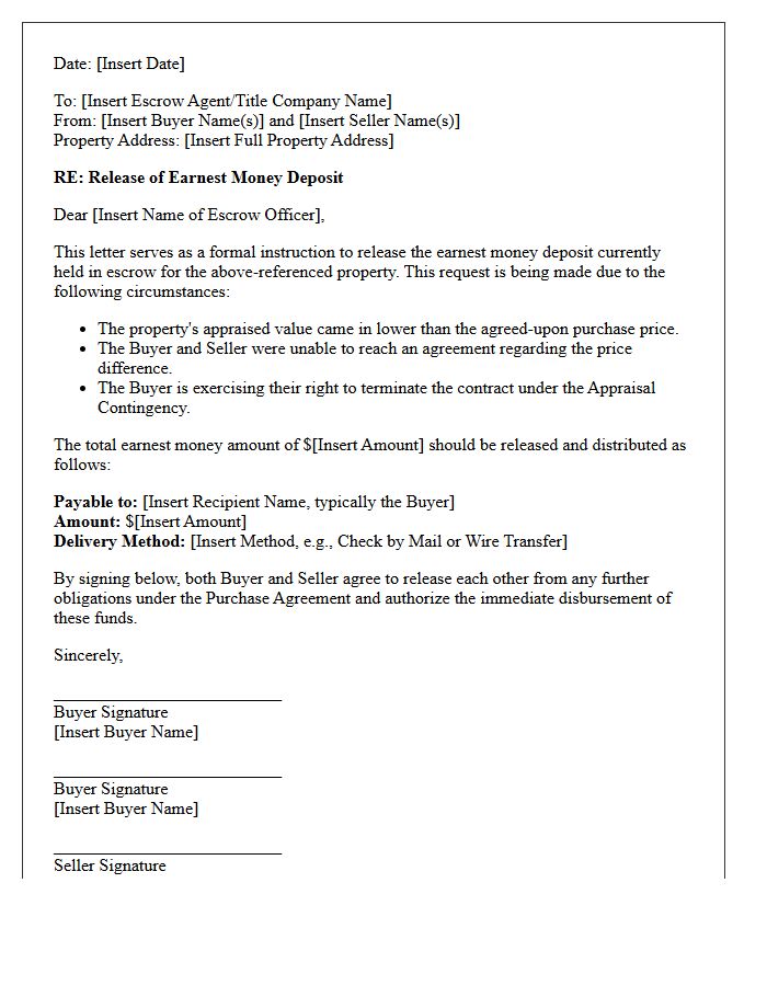 Earnest Money Release Letter Following Appraisal Shortfall