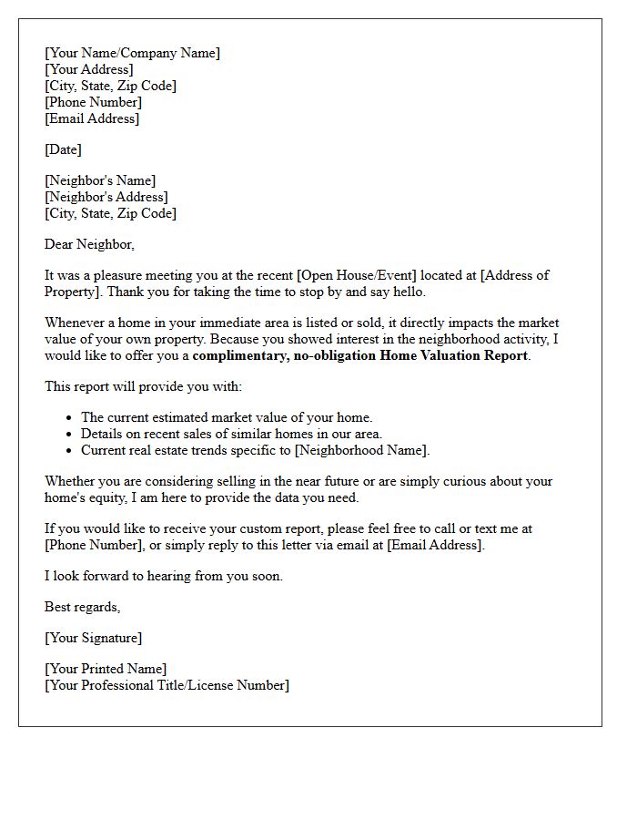 Home Valuation Offer For Neighboring Attendees Letter