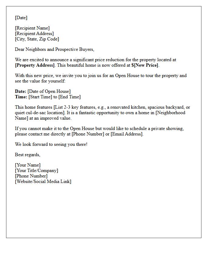 Price Reduction Notification Open House Letter