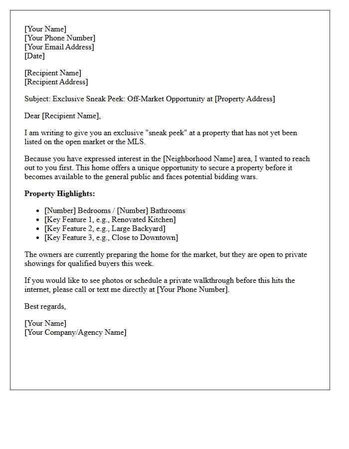 Off-Market Property Sneak Peek Letter
