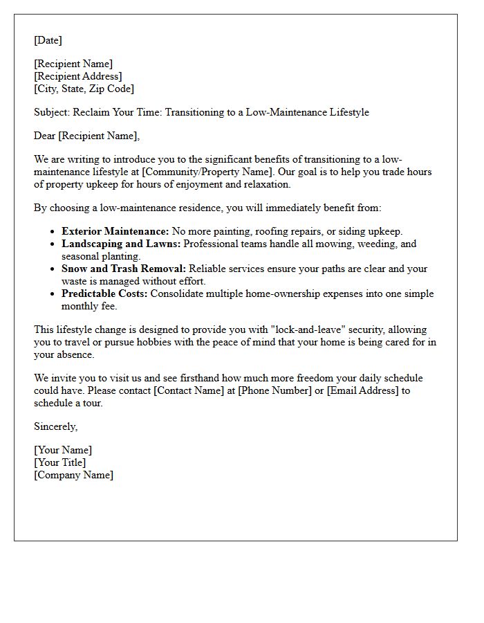 Low Maintenance Lifestyle Benefit Letter
