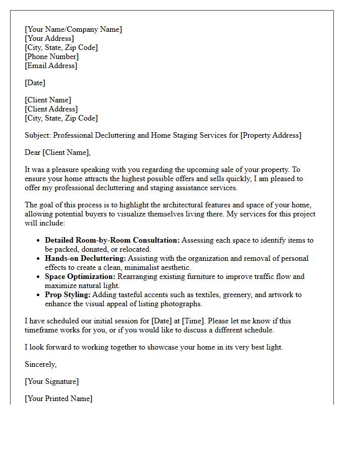 Professional Decluttering And Staging Assistance Letter