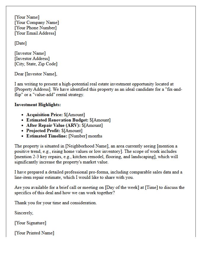 Initial Fixer-Upper Investment Pitch Letter