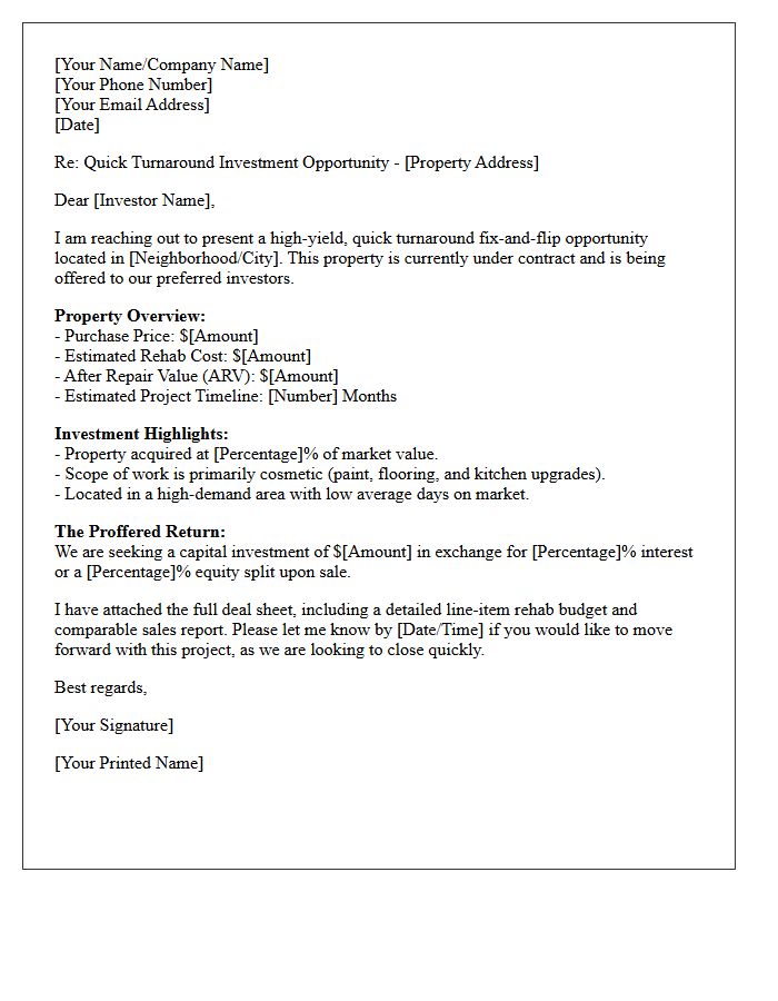 Quick Turnaround House Flip Investor Letter
