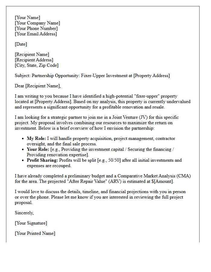 Joint Venture Fixer-Upper Partnership Letter