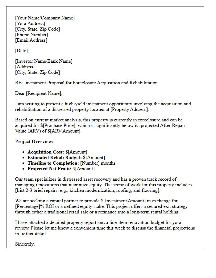 Foreclosure Acquisition and Rehab Pitch Letter