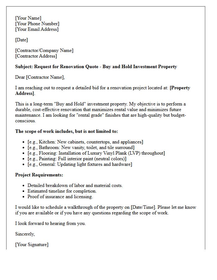 Buy and Hold Renovation Strategy Letter