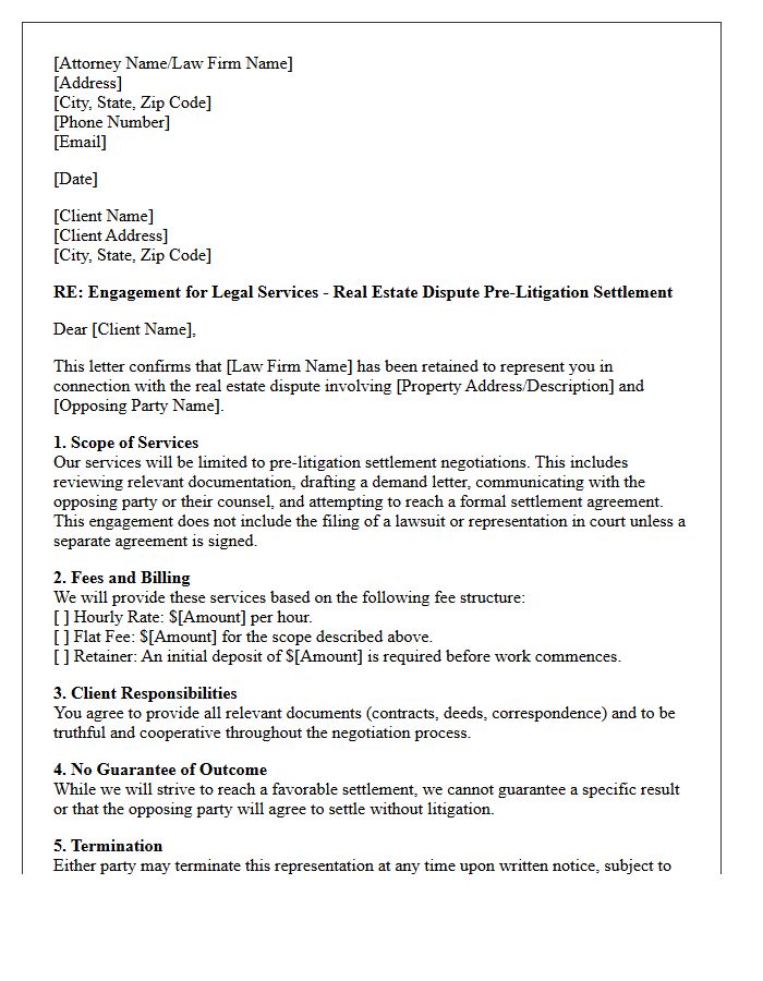 Real Estate Dispute Pre-Litigation Settlement Engagement Letter
