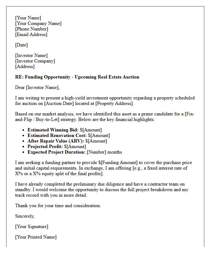 Auction Property Funding Request Pitch Letter