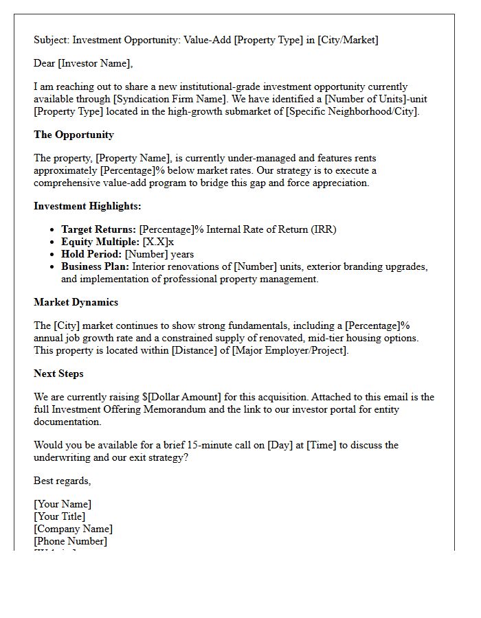 Value-Add Real Estate Syndicate Pitch Letter