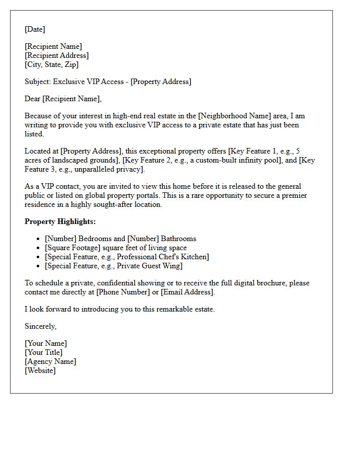 Private Estate Just Listed VIP Access Letter