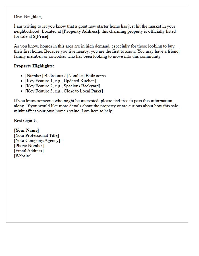 Just Listed Starter Home Neighborhood Alert Letter