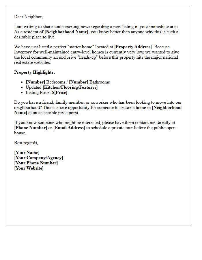 Exclusive Neighborhood Alert Starter Home Listing Letter