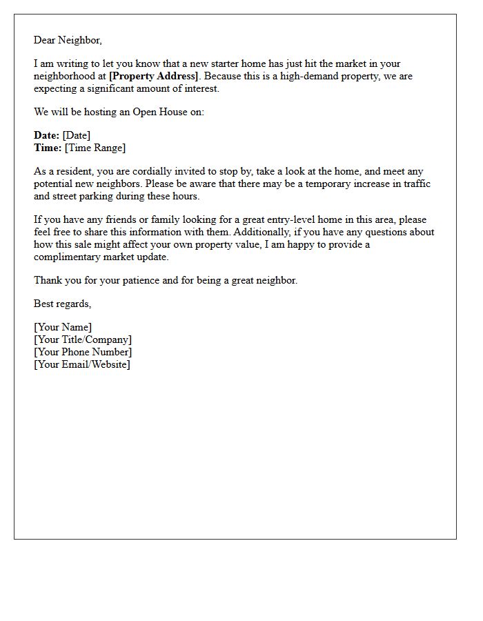 Upcoming Starter Home Open House Neighborhood Alert Letter